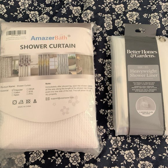 New 72" Amazerbath Polyester White Waffle Pattern Shower Curtain & BHG Liner - Picture 3 of 9